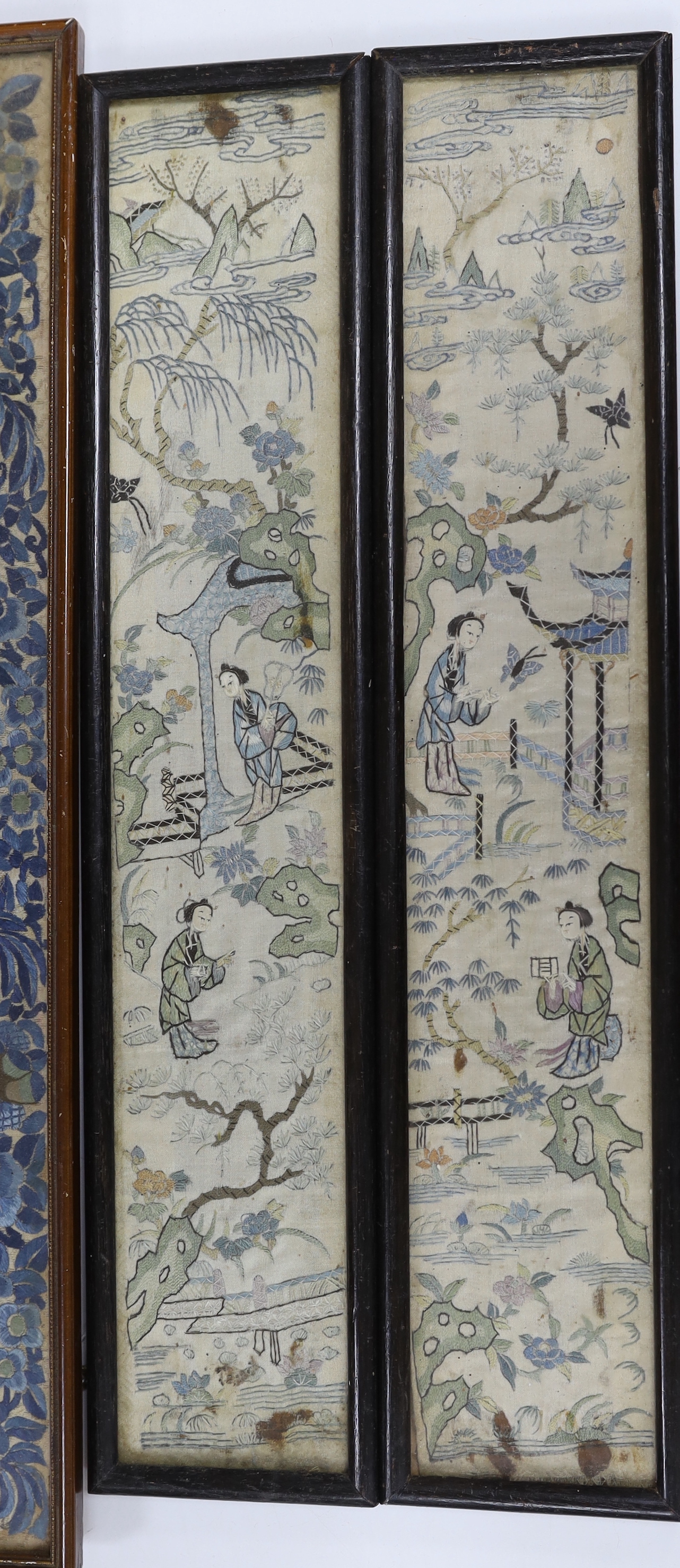 Two pairs of framed late 19th century Chinese embroidered sleeve bands and a similar single embroidered sleeve band, longest 56cm